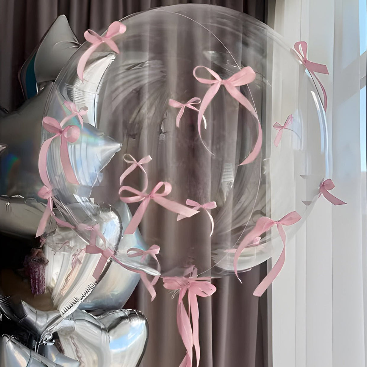 10 Sets Pink Bow Clear Bobo Balloons 24" - YauSpark