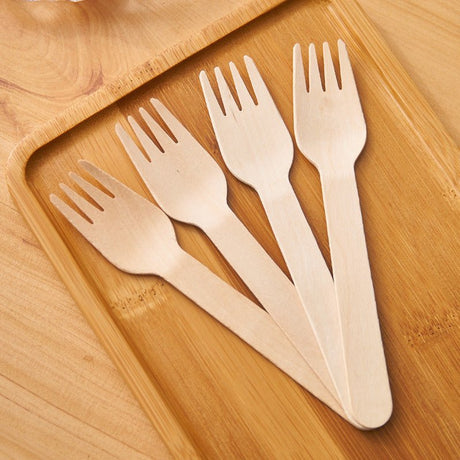 100 Pc Birchwood Forks 6" Natural Disposable Wooden Cutlery - YauSpark