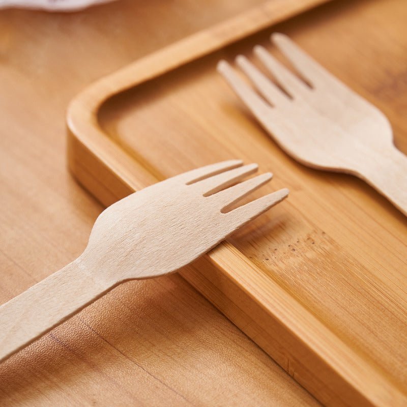 100 Pc Birchwood Forks 6" Natural Disposable Wooden Cutlery - YauSpark