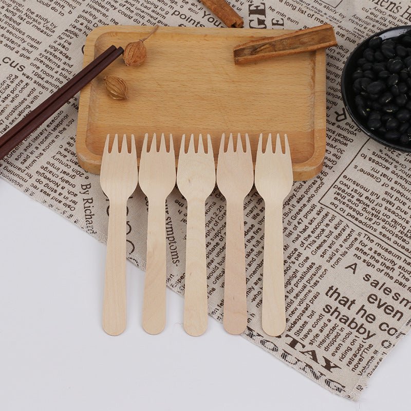 100 Pc Birchwood Forks 6" Natural Disposable Wooden Cutlery - YauSpark