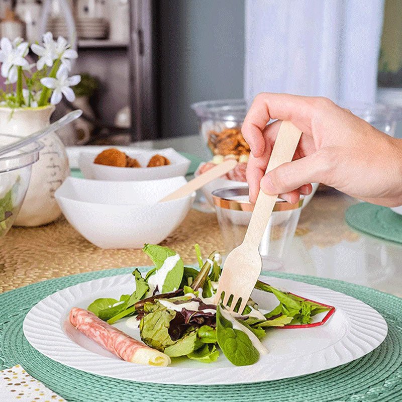 100 Pc Birchwood Forks 6" Natural Disposable Wooden Cutlery - YauSpark