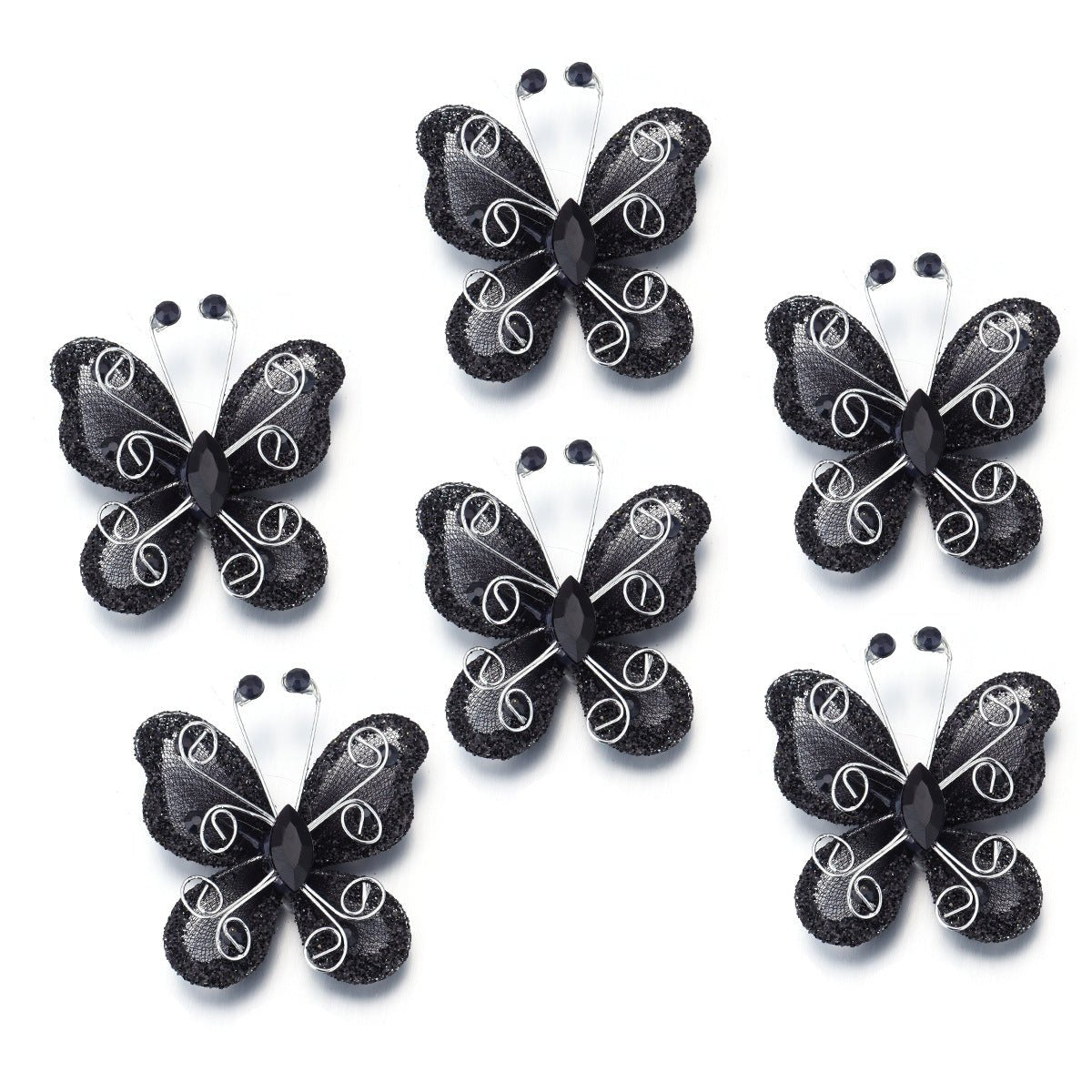 12 Pc Diamond Studded Wired Organza Butterflies 2" Black - YauSpark