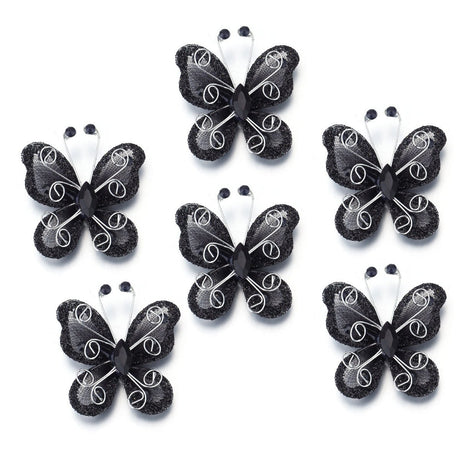12 Pc Diamond Studded Wired Organza Butterflies 2" Black - YauSpark