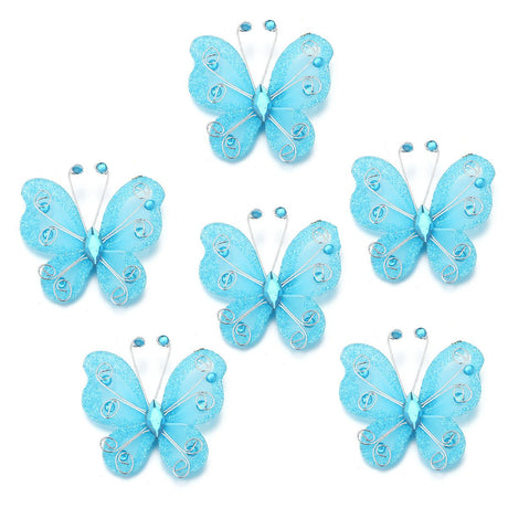 12 Pc Diamond Studded Wired Organza Butterflies 2" Blue - YauSpark