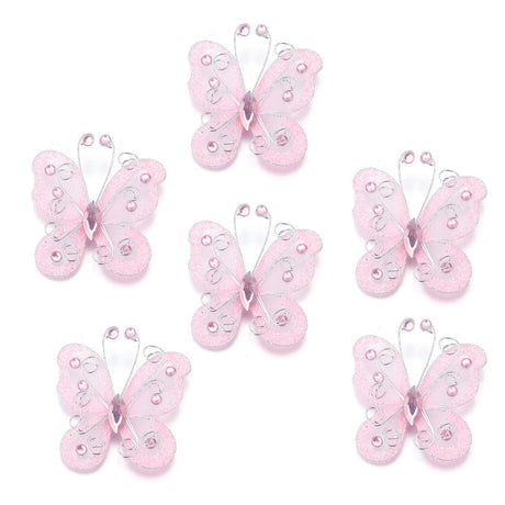 12 Pc Diamond Studded Wired Organza Butterflies 2" Pink - YauSpark