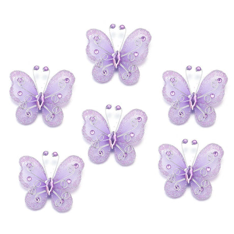 12 Pc Diamond Studded Wired Organza Butterflies 2" Purple - YauSpark