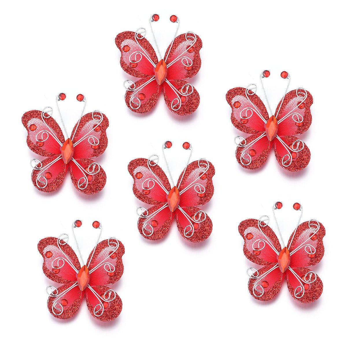 12 Pc Diamond Studded Wired Organza Butterflies 2" Red - YauSpark