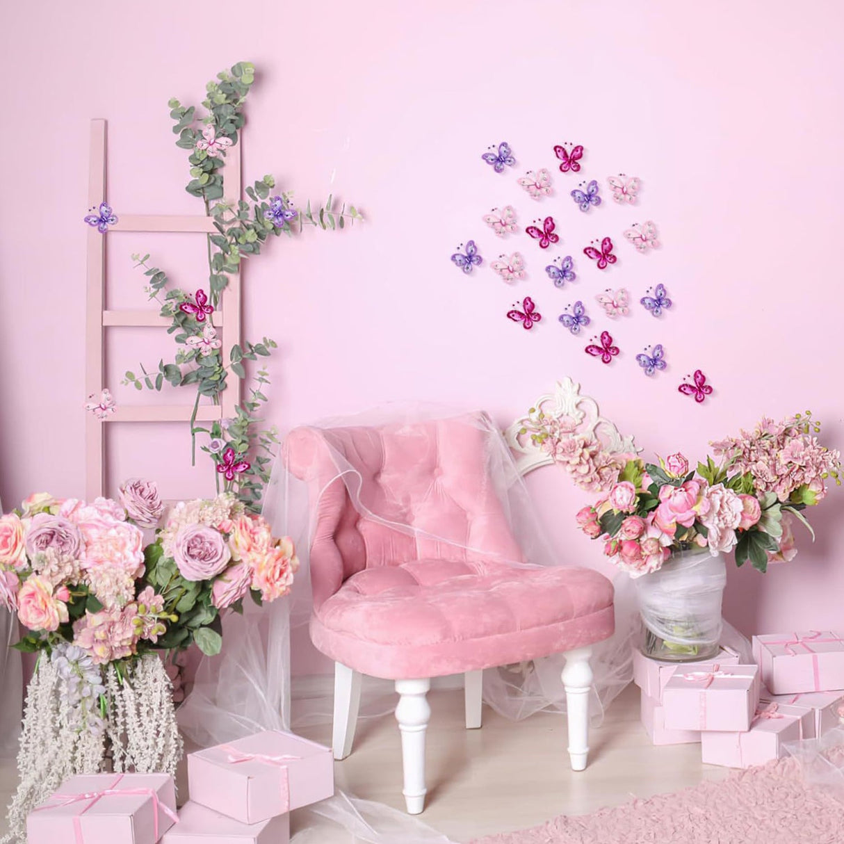 12 Pc Diamond Studded Wired Organza Butterflies 2" Rose Red - YauSpark