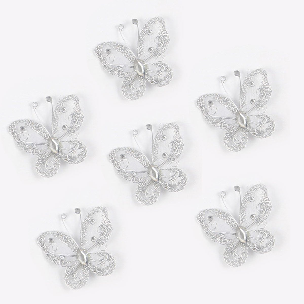12 Pc Diamond Studded Wired Organza Butterflies 2" White - YauSpark
