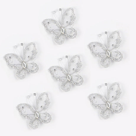 12 Pc Diamond Studded Wired Organza Butterflies 2" White - YauSpark