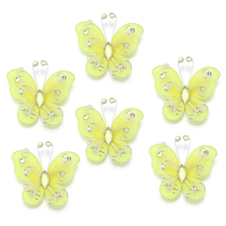 12 Pc Diamond Studded Wired Organza Butterflies 2" Yellow - YauSpark
