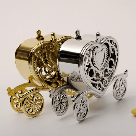 12 Pc Princess Heart Carriage Candy Container Gift Boxes 4" Silver - YauSpark