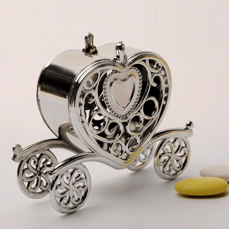 12 Pc Princess Heart Carriage Candy Container Gift Boxes 4" Silver - YauSpark