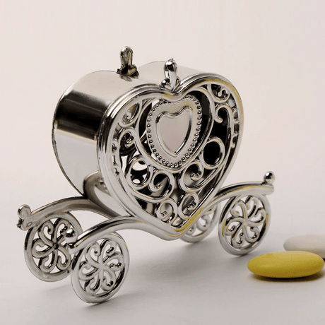 12 Pc Princess Heart Carriage Candy Container Gift Boxes 4" Silver - YauSpark