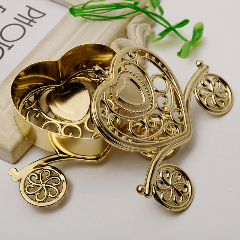 12 Pc Princess Heart Carriage Candy Container Gift Boxes 4" Silver - YauSpark