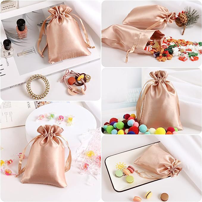 12 Pc Satin Drawstring Wedding Party Favor Bags Champagne Gold - YauSpark