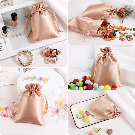 12 Pc Satin Drawstring Wedding Party Favor Bags Champagne Gold - YauSpark