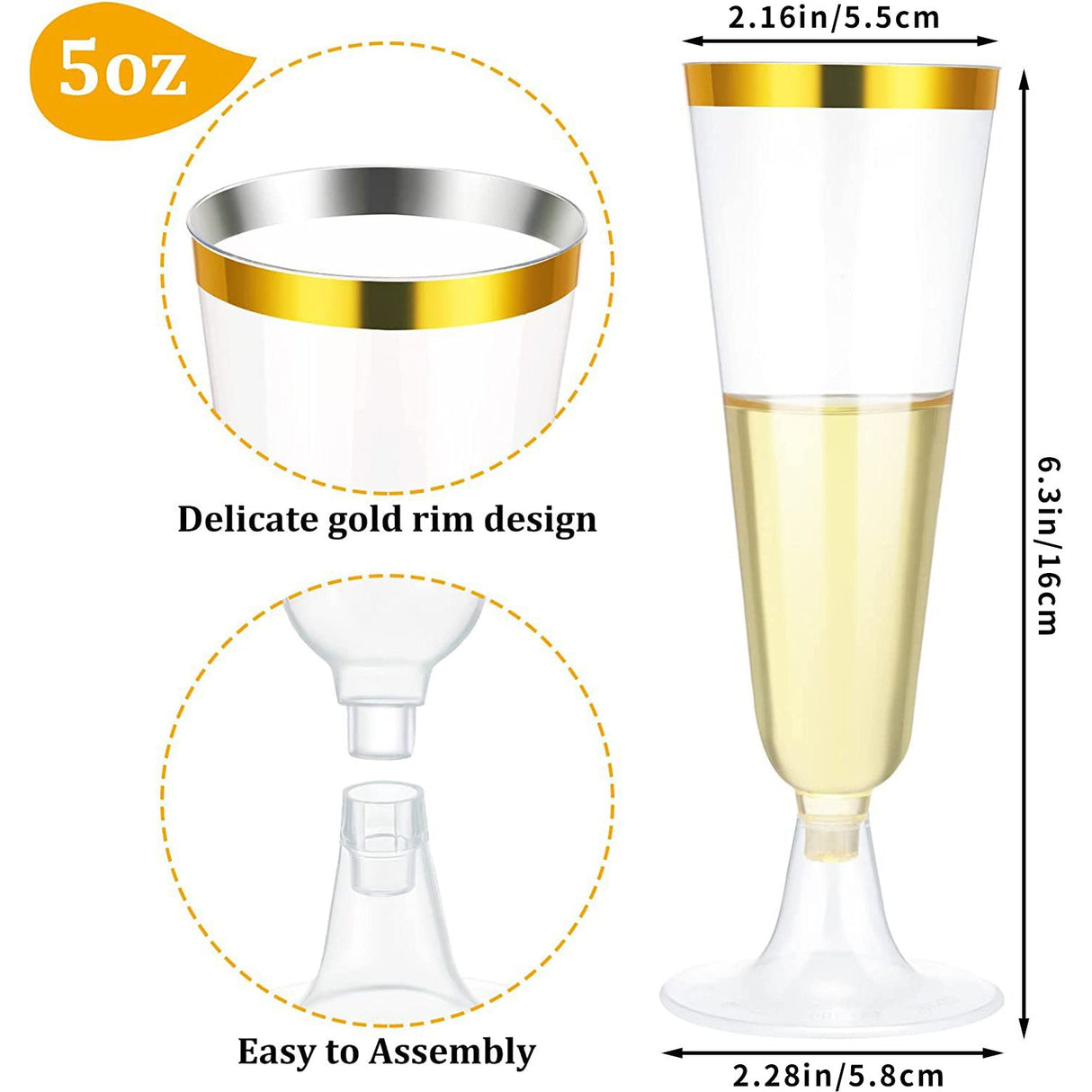 12 Pcs Plastic Champagne Flutes 5oz Clear with Gold Rim - YauSpark