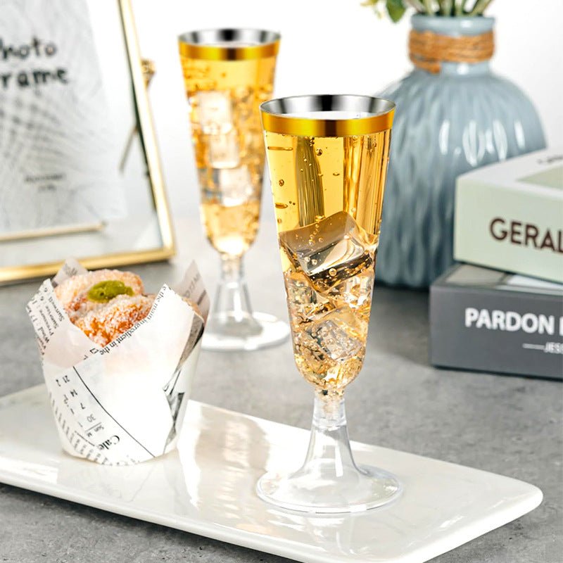 12 Pcs Plastic Champagne Flutes 5oz Clear with Gold Rim - YauSpark