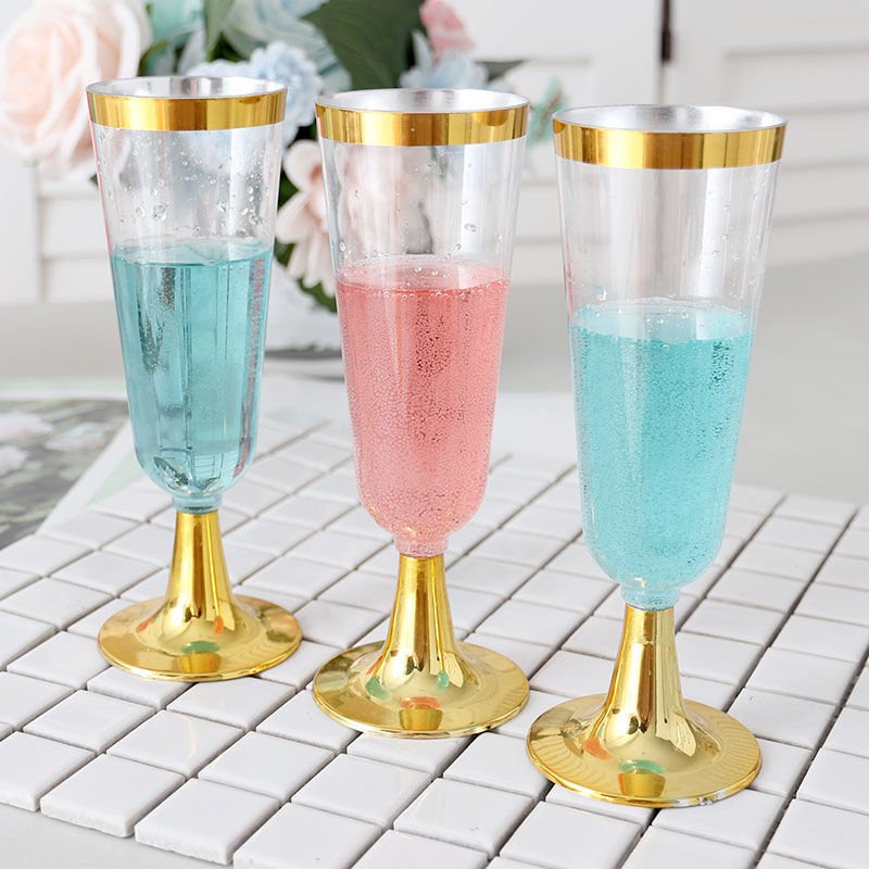 12 Pcs Plastic Champagne Flutes 5oz Clear with Gold Rim and Base - YauSpark