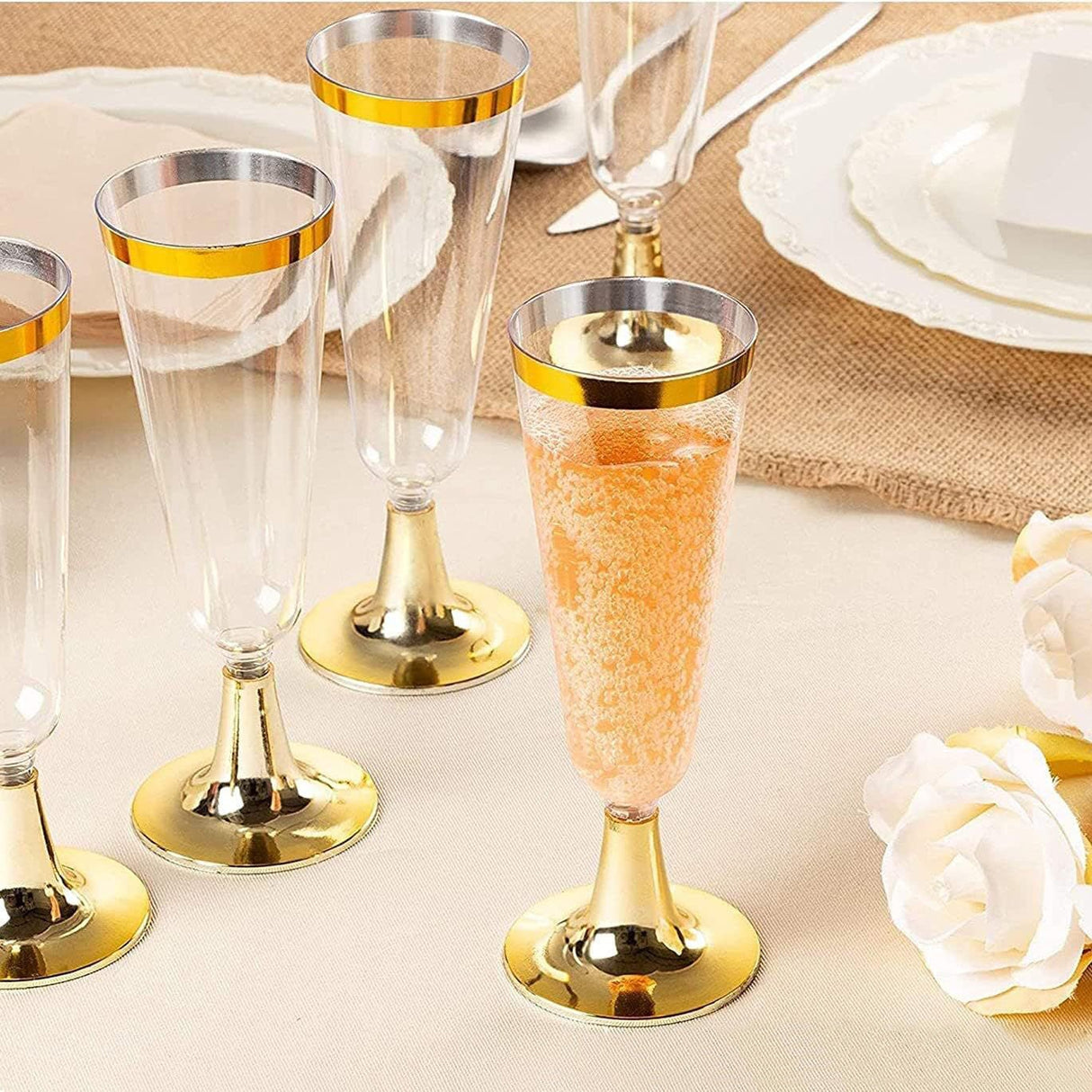 12 Pcs Plastic Champagne Flutes 5oz Clear with Gold Rim and Base - YauSpark