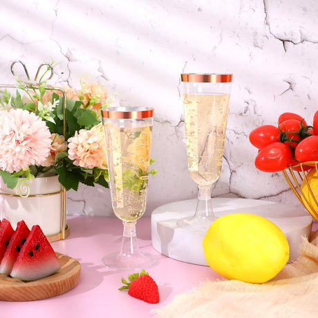 12 Pcs Plastic Champagne Flutes 5oz Clear with Rose Gold Rim - YauSpark