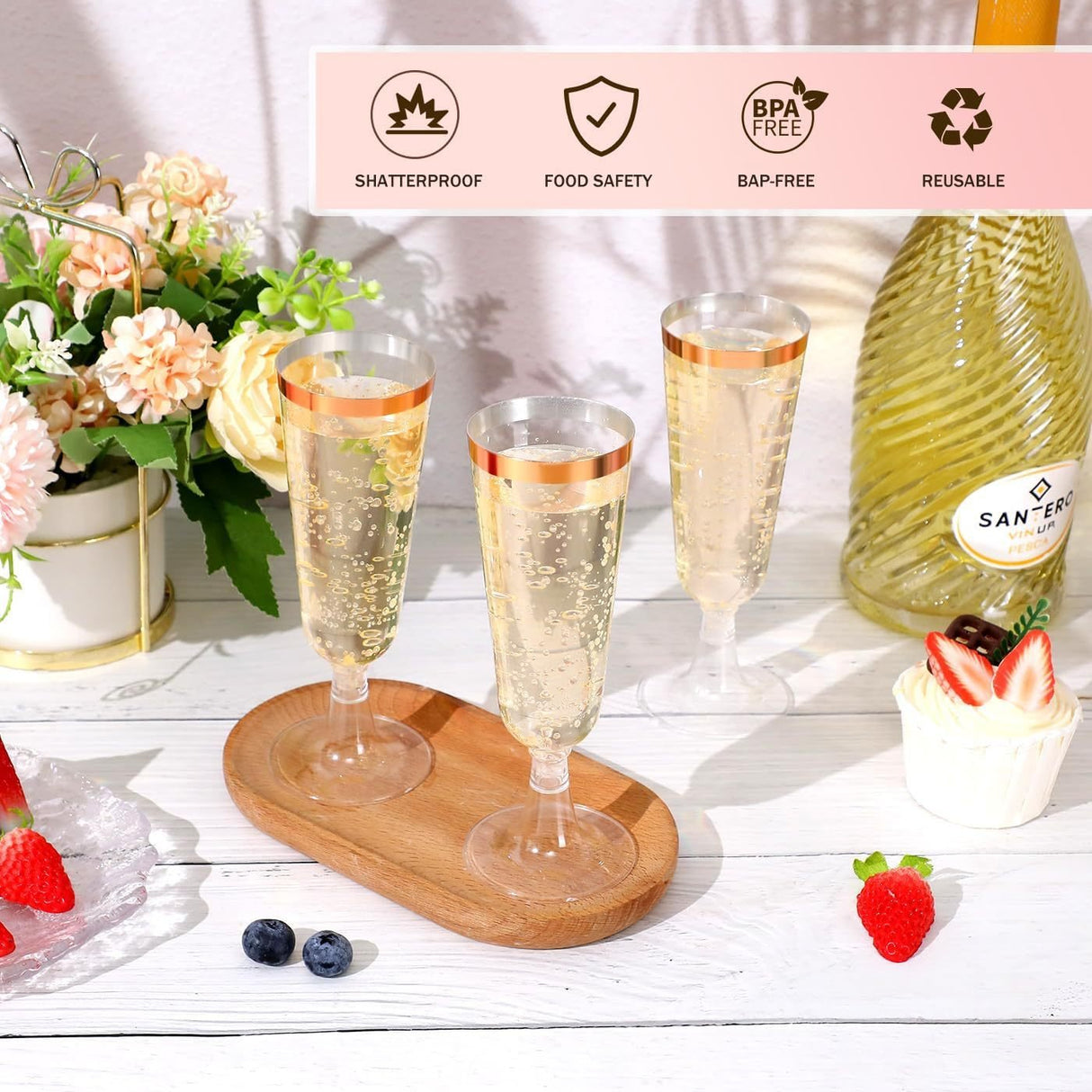 12 Pcs Plastic Champagne Flutes 5oz Clear with Rose Gold Rim - YauSpark