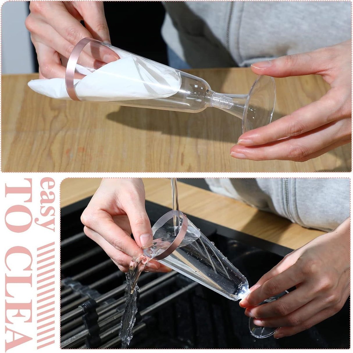 12 Pcs Plastic Champagne Flutes 5oz Clear with Rose Gold Rim - YauSpark