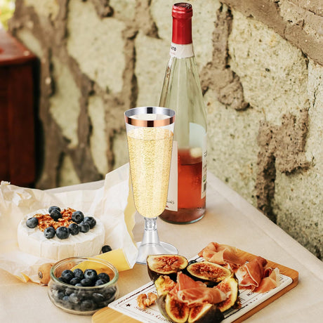 12 Pcs Plastic Champagne Flutes 5oz Clear with Rose Gold Rim - YauSpark