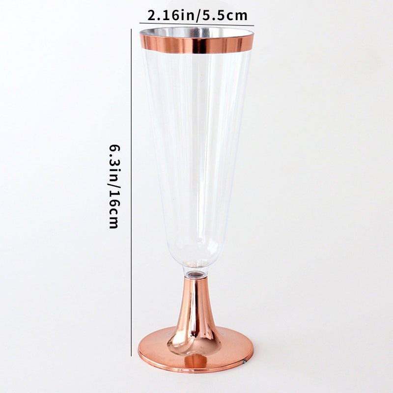 12 Pcs Plastic Champagne Flutes 5oz Clear with Rose Gold Rim and Base - YauSpark