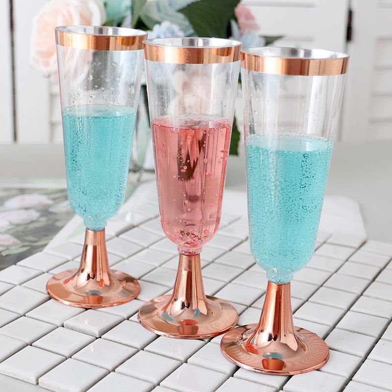 12 Pcs Plastic Champagne Flutes 5oz Clear with Rose Gold Rim and Base - YauSpark