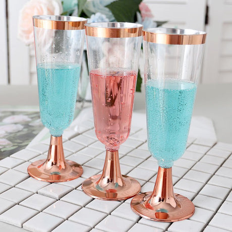 12 Pcs Plastic Champagne Flutes 5oz Clear with Rose Gold Rim and Base - YauSpark