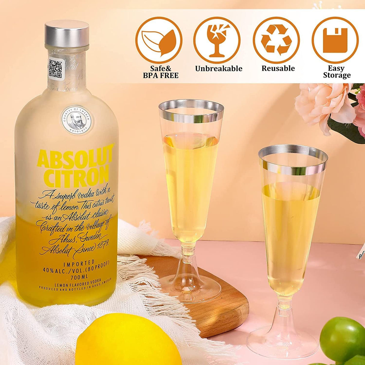 12 Pcs Plastic Champagne Flutes 5oz Clear with Silver Rim - YauSpark