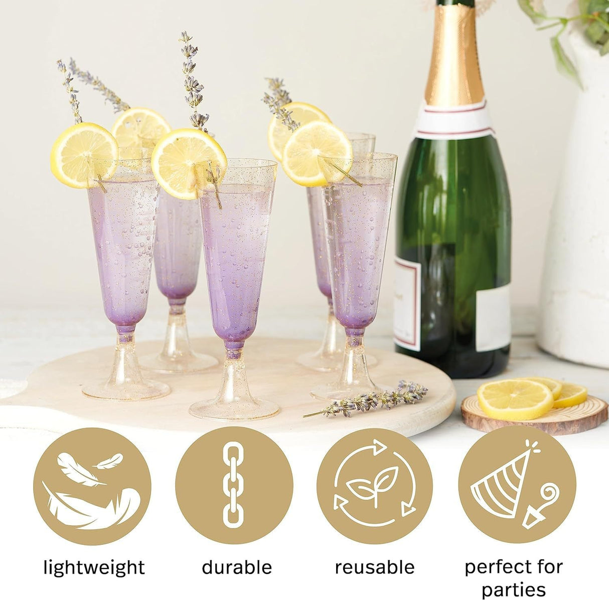 12 Pcs Plastic Champagne Glasses 5oz Gold Glittered Short Stem - YauSpark