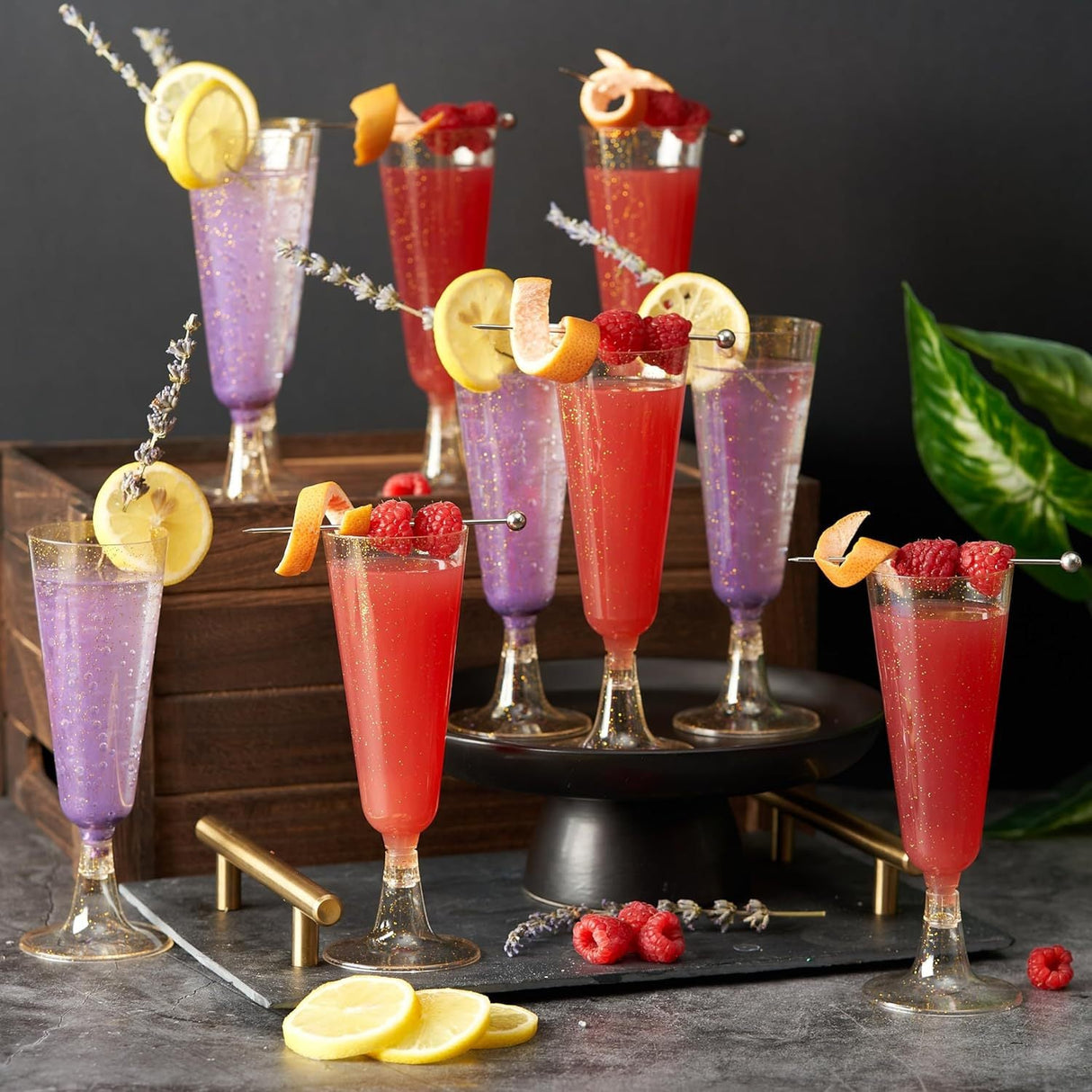 12 Pcs Plastic Champagne Glasses 5oz Gold Glittered Short Stem - YauSpark