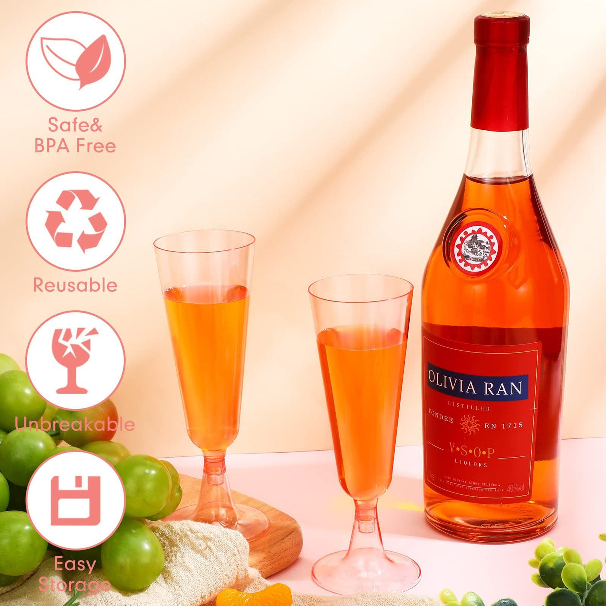 12 Pcs Plastic Champagne Glasses 5oz Transparent Pink - YauSpark