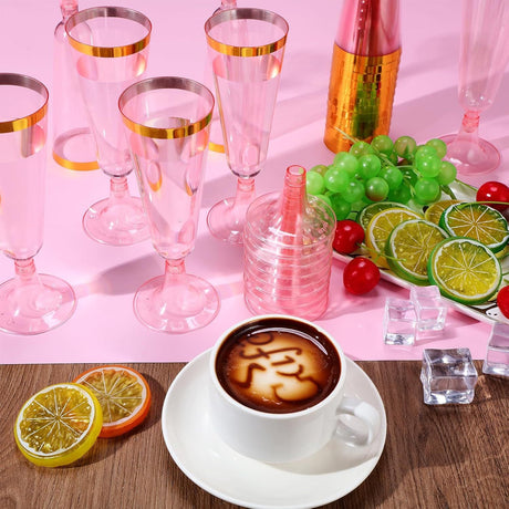 12 Pcs Plastic Champagne Glasses 5oz Transparent Pink with Rose Gold Rim - YauSpark