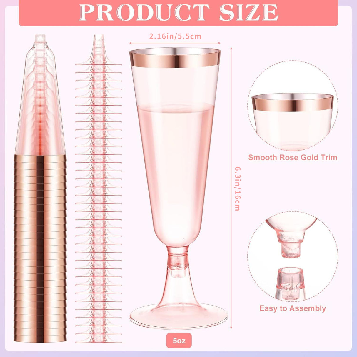 12 Pcs Plastic Champagne Glasses 5oz Transparent Pink with Rose Gold Rim - YauSpark