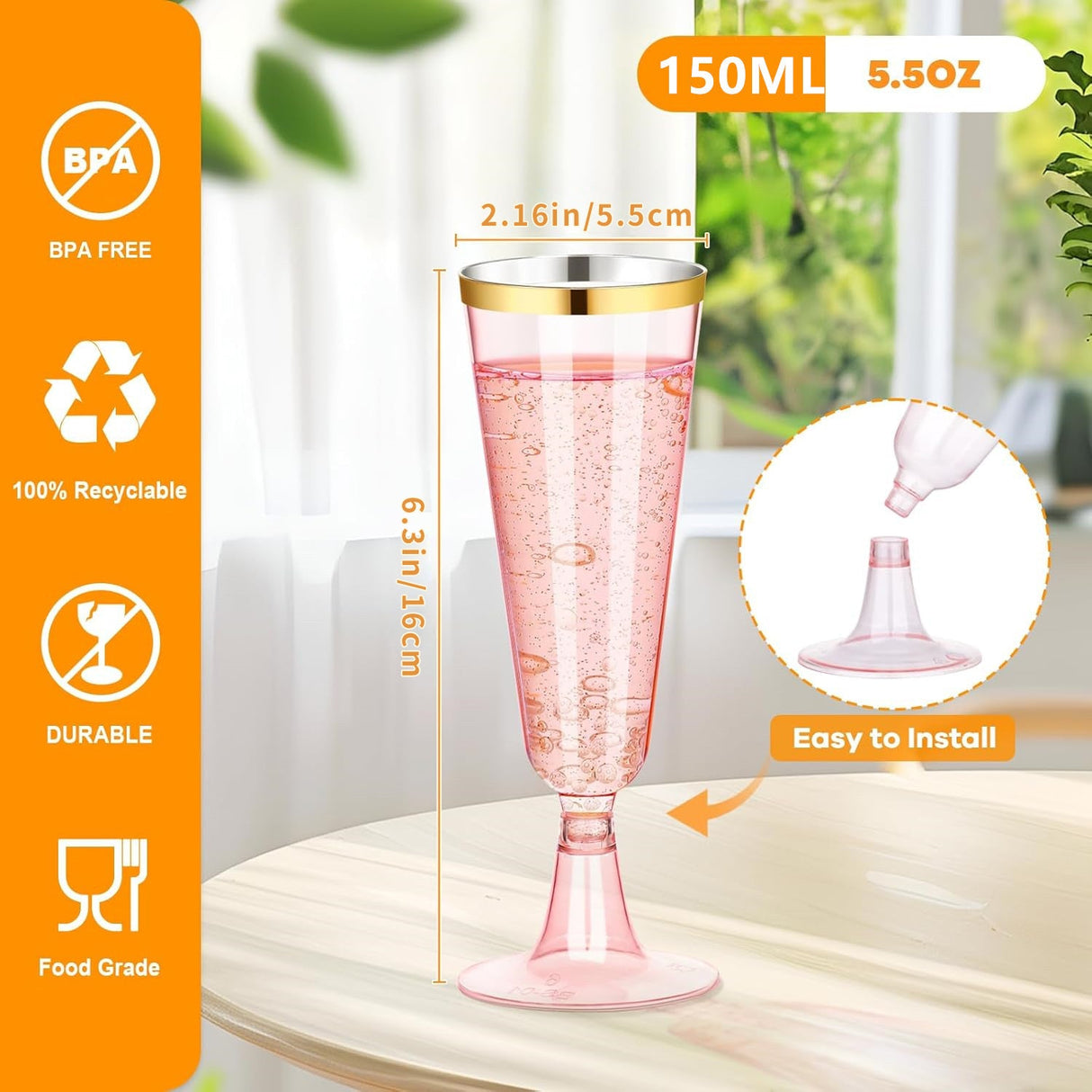 12 Pcs Plastic Champagne Glasses 5oz Transparent Pink with Rose Gold Rim - YauSpark