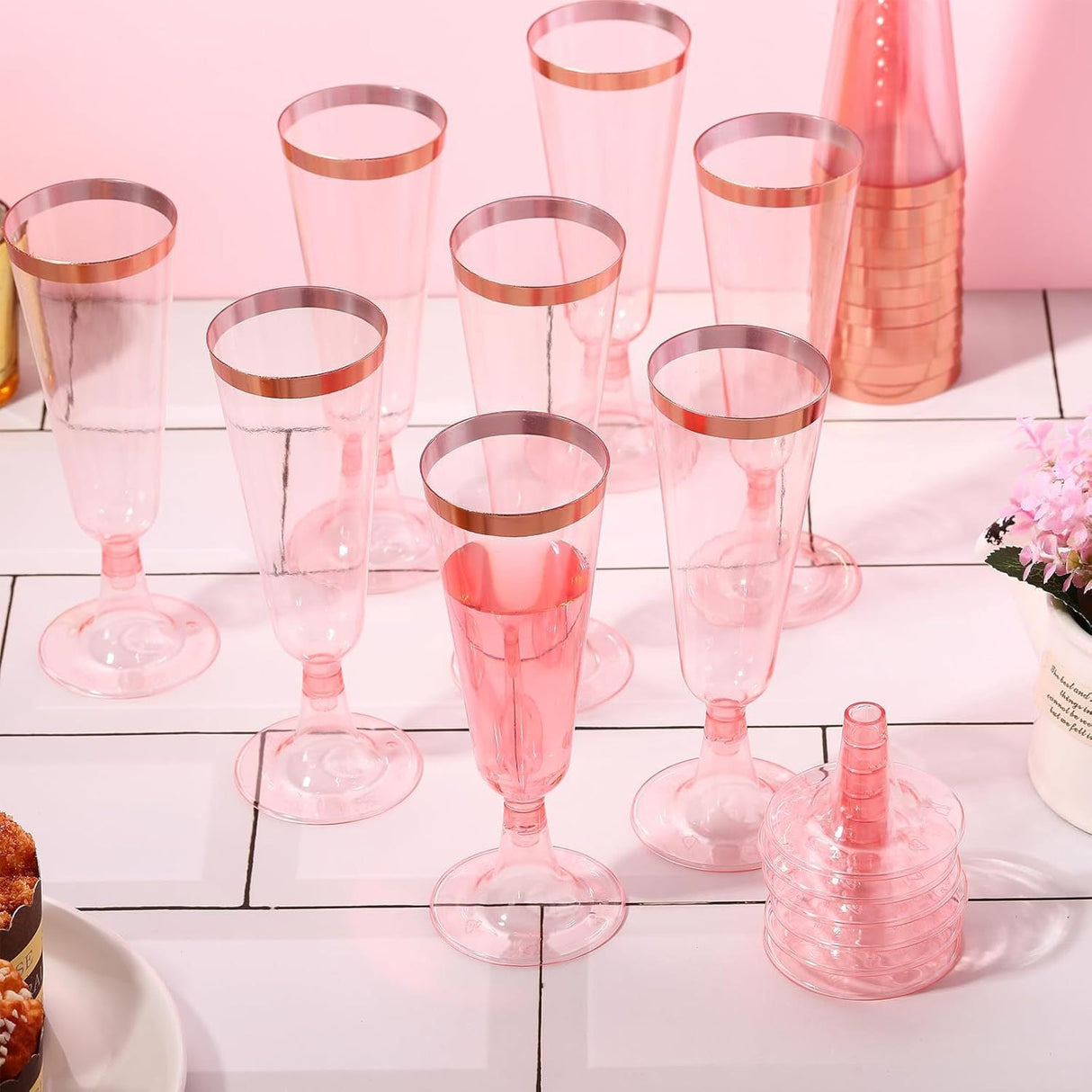 12 Pcs Plastic Champagne Glasses 5oz Transparent Pink with Rose Gold Rim - YauSpark