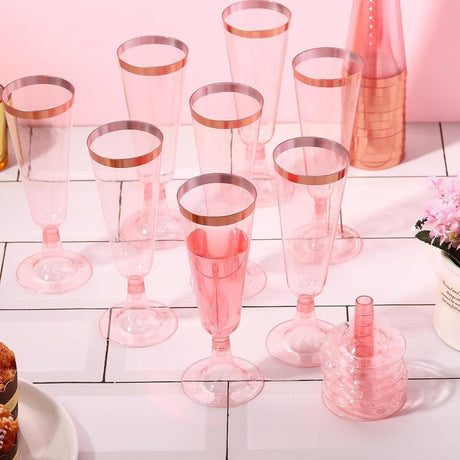 12 Pcs Plastic Champagne Glasses 5oz Transparent Pink with Rose Gold Rim - YauSpark