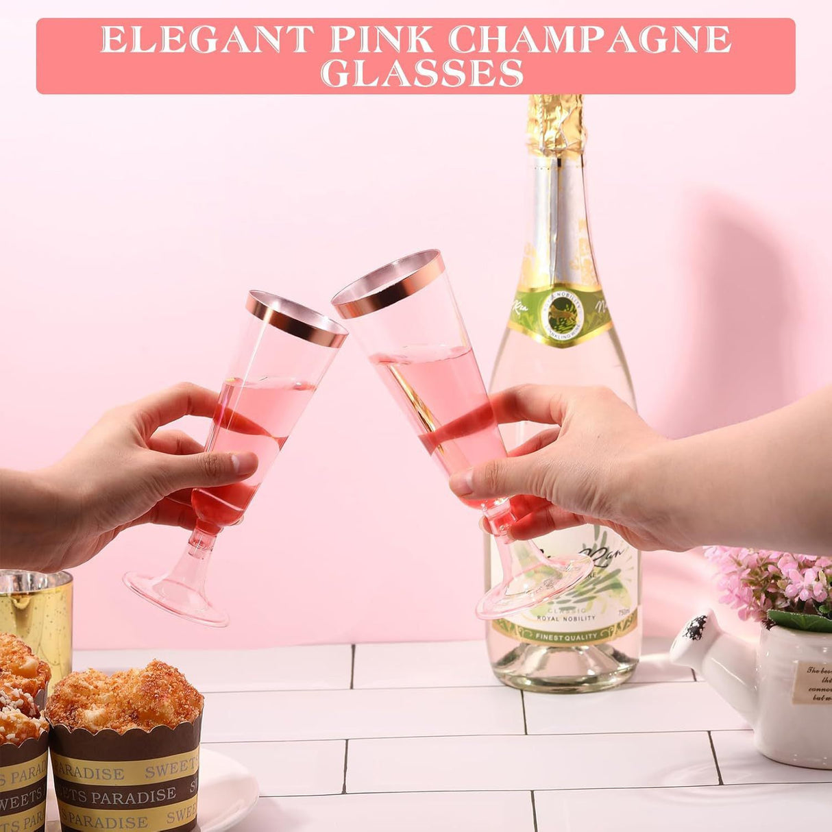 12 Pcs Plastic Champagne Glasses 5oz Transparent Pink with Rose Gold Rim - YauSpark