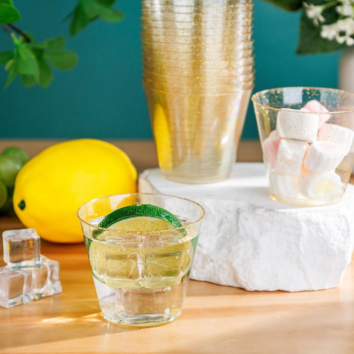 12 Pcs Plastic Party Glasses 9oz Gold Glittered - YauSpark