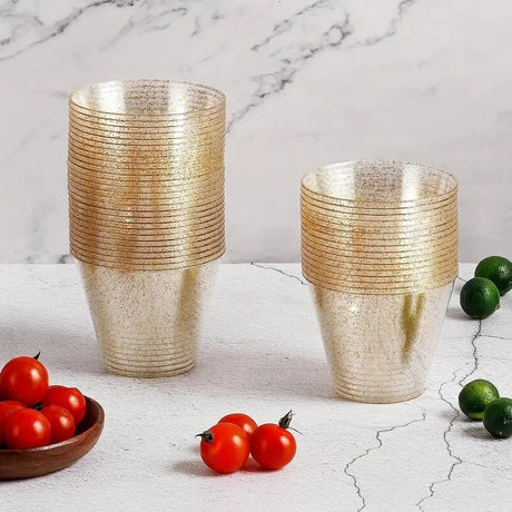 12 Pcs Plastic Party Glasses 9oz Gold Glittered - YauSpark