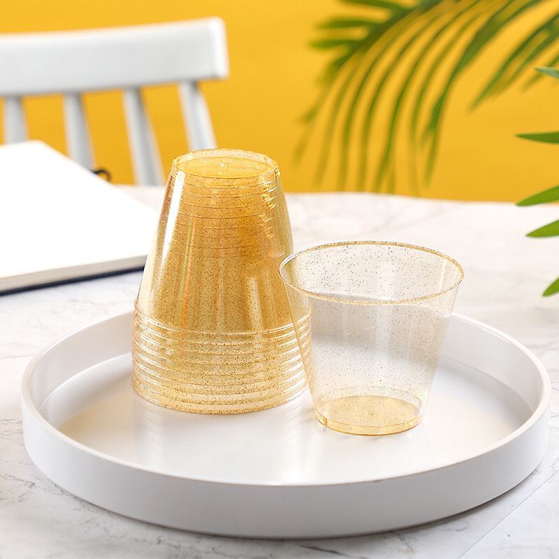 12 Pcs Plastic Party Glasses 9oz Gold Glittered - YauSpark