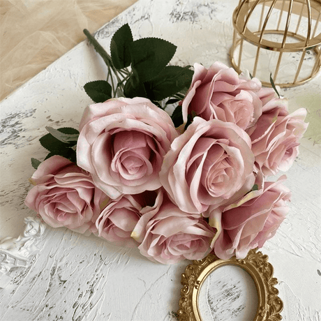 2 Bushes Artificial Silk Rose Flower Arrangements 18" Bean Paste Color - YauSpark