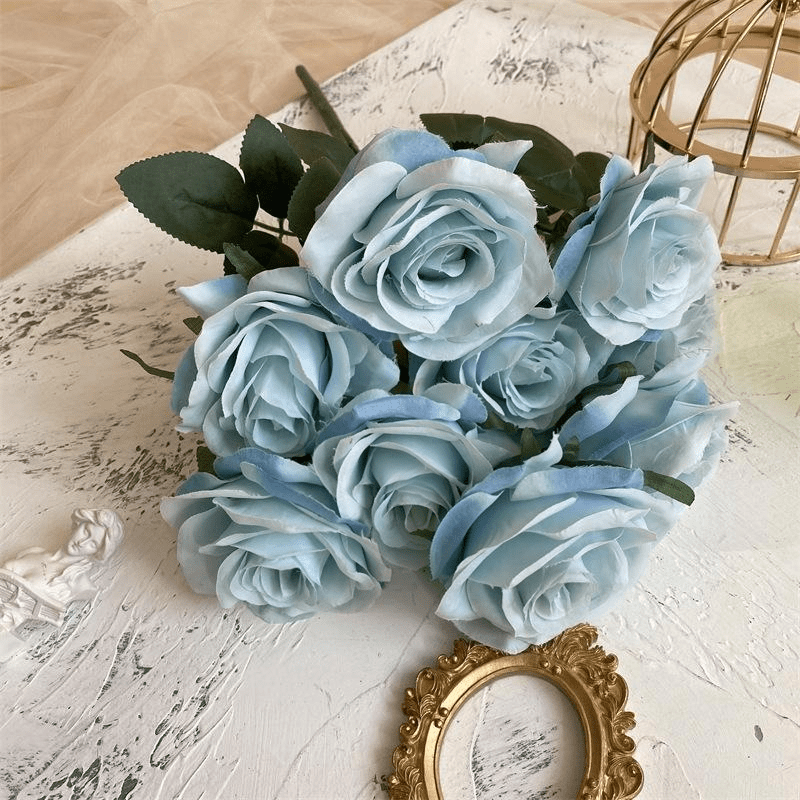 2 Bushes Artificial Silk Rose Flower Arrangements 18" Blue - YauSpark
