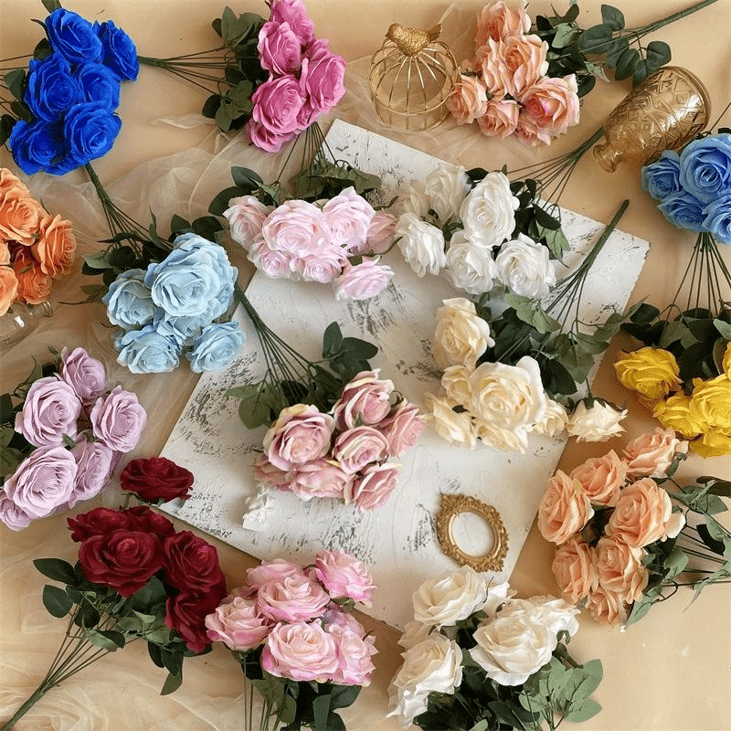 2 Bushes Artificial Silk Rose Flower Arrangements 18" Dark Pink - YauSpark