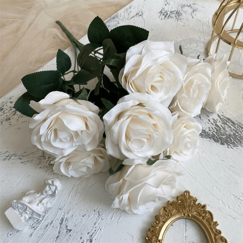 2 Bushes Artificial Silk Rose Flower Arrangements 18" Milky White - YauSpark