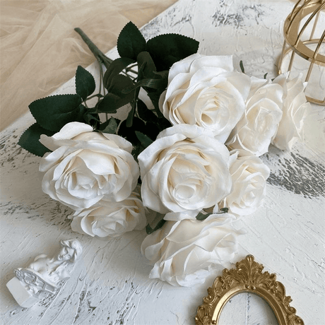 2 Bushes Artificial Silk Rose Flower Arrangements 18" Milky White - YauSpark